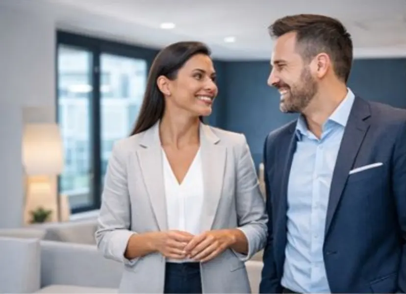 Casal de executivos em apartamento corporativo moderno gerenciado pela AJPS